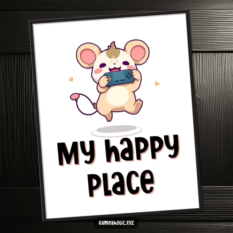 Funny poster print of a cute creature with round ears, leaping joyfully while holding a game controller, for gamers.