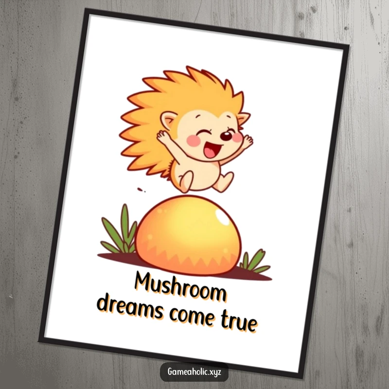 Funny Poster print of a happy hedgehog leaping joyfully over a giant, glowing mushroom, adding whimsical decor.