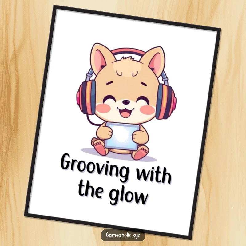 Funny Poster: A happy animal wears headphones, immersed in a glowing screen with delight.