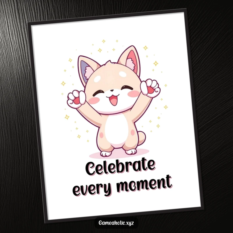 Funny Poster: Character cheers with paws raised amid shimmering digital particles, creating a joyful display.