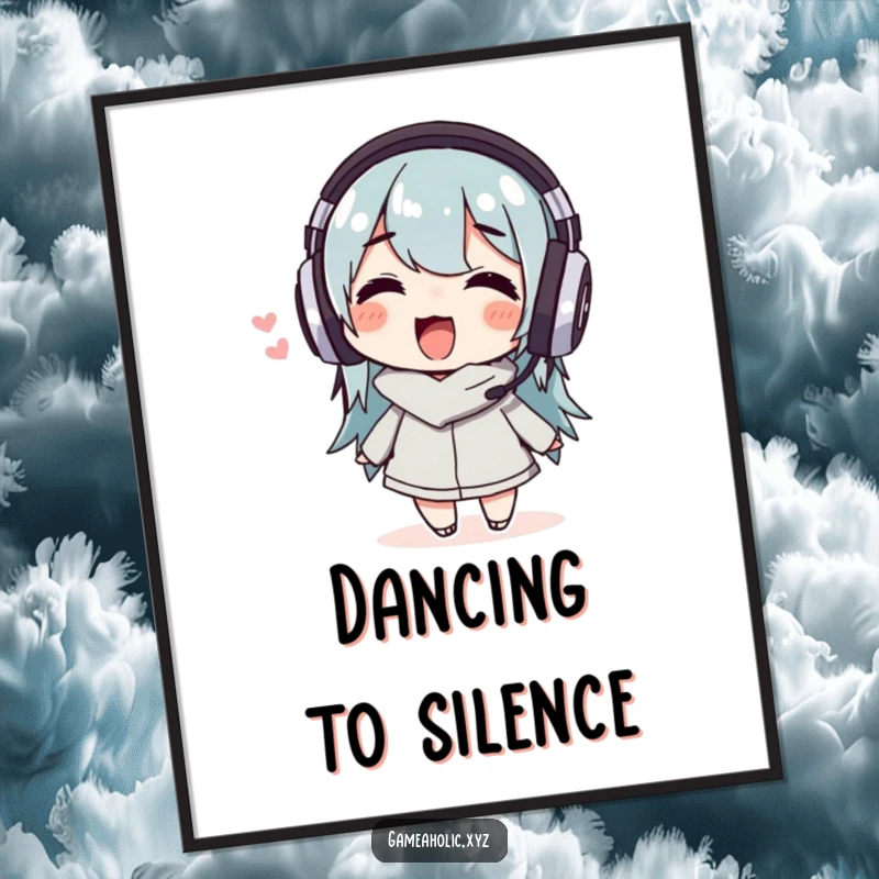 Funny Poster of a delighted character wearing headphones and wiggling exuberantly, celebrating the joy of listening to music.