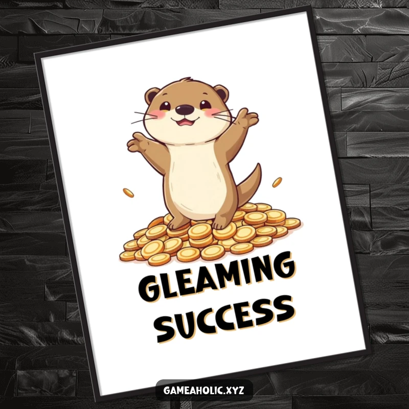 Funny Poster of a playful otter dancing on a pile of coins, celebrating victory and abundance.