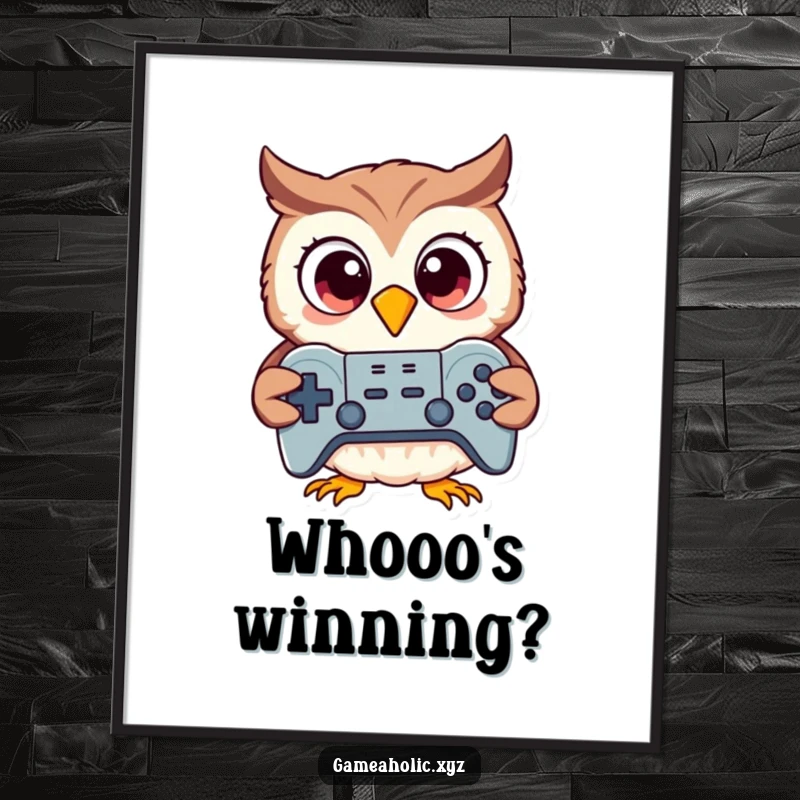 Funny cartoon owl with massive excited eyes gripping a game controller, wall art print, gamer decor.