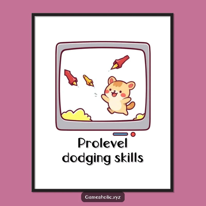 Funny Poster: Adorable Animal Gamer Dodging Screen Chaos, Humorous Wall Art
