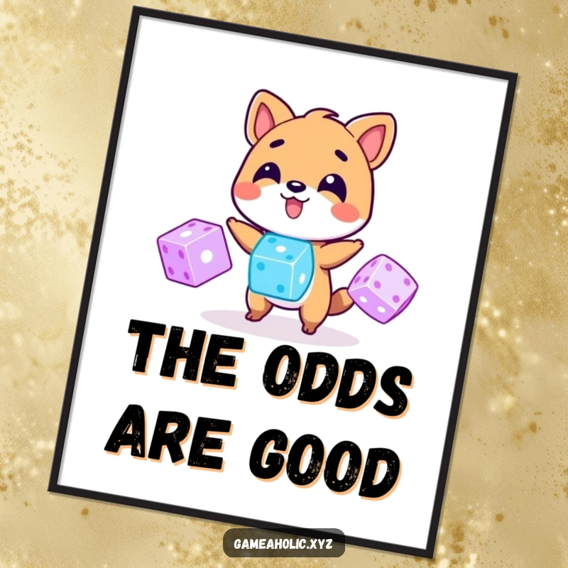 Funny Poster: A lively animal character juggles three radiant digital dice, creating a dynamic and fun piece of wall art.