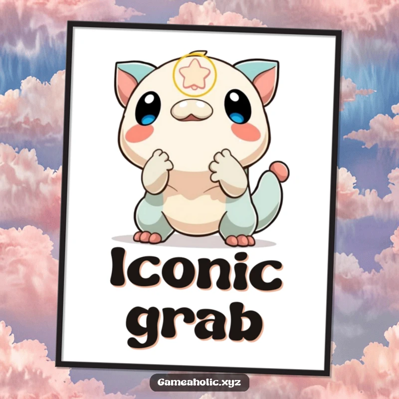 Funny poster capturing a creature's joyful leap towards a falling power-up icon, highlighting the excitement of gaming rewards.