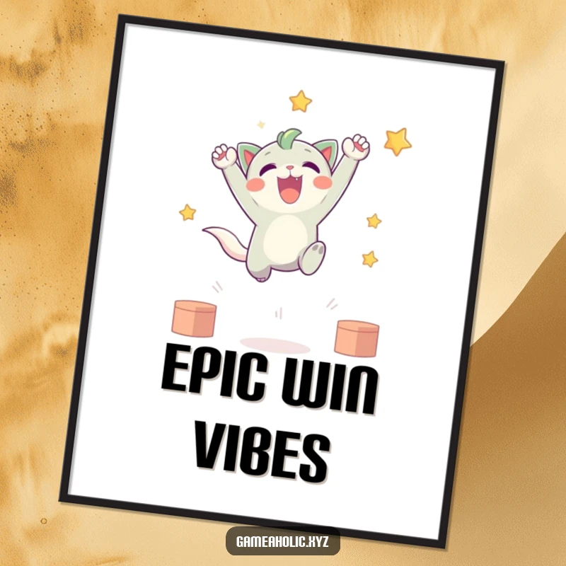 Funny poster of a cute creature captured mid-leap, celebrating a massive virtual victory, exuding pure exhilaration and playful energy.