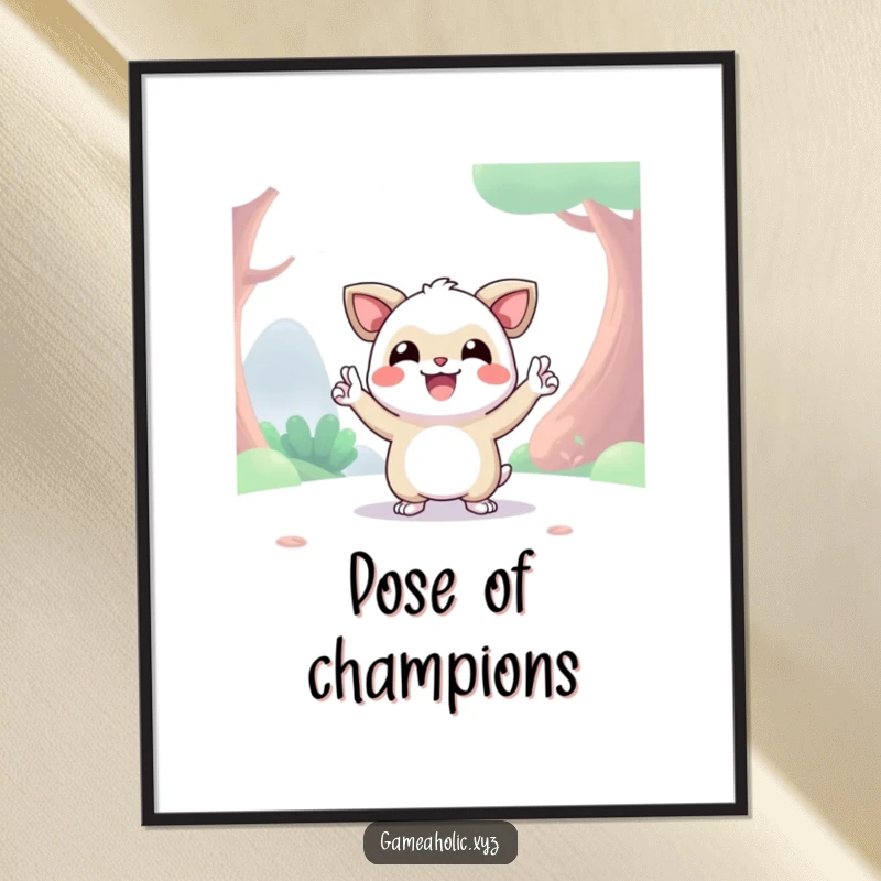 Funny happy creature in a digital world giving a strong victory pose, wall art print, humorous decor.