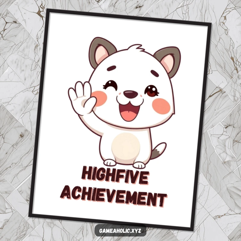 Funny animal character poster, cheerful expression, offering a virtual high-five, uplifting wall art.