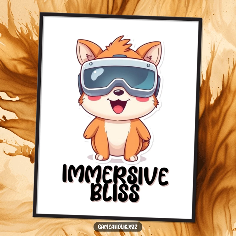 Funny happy animal wearing oversized virtual reality goggles, lost in a digital world, a humorous tech art print.