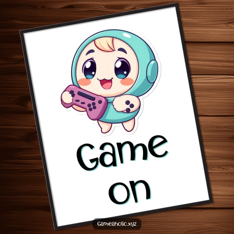 Funny Poster: Round character with enormous eyes, excitedly clutching a game controller, celebrating gaming passion.