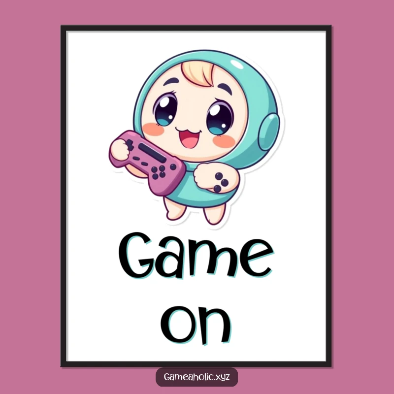 Funny Poster: Round Gamer Character Art, Big Eyes, Controller Excitement Decor