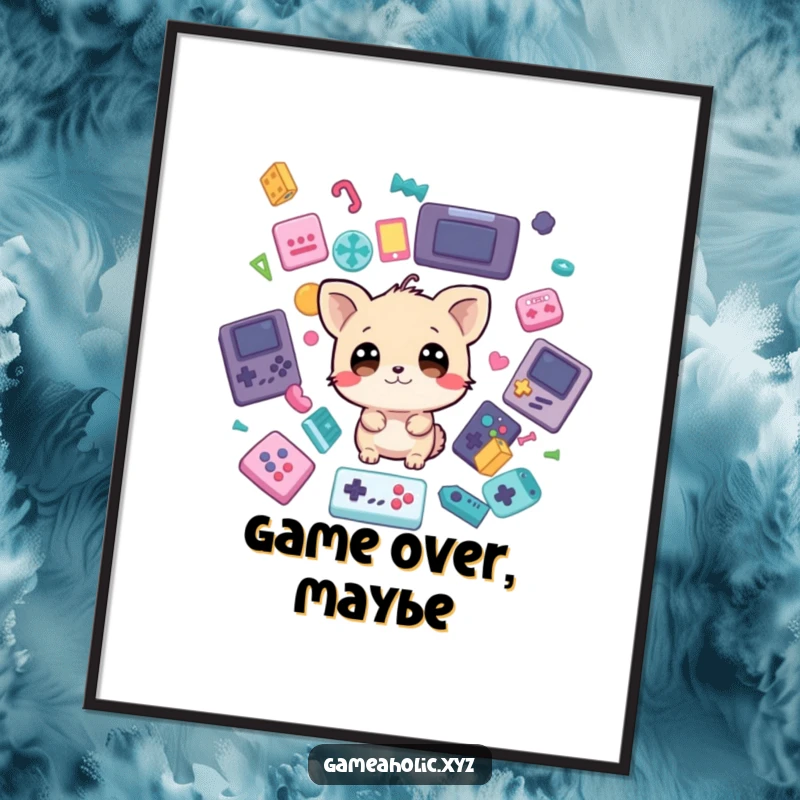 Funny Poster: A small animal with enormous eyes stares in wonder at a shower of colorful game icons falling from the sky.