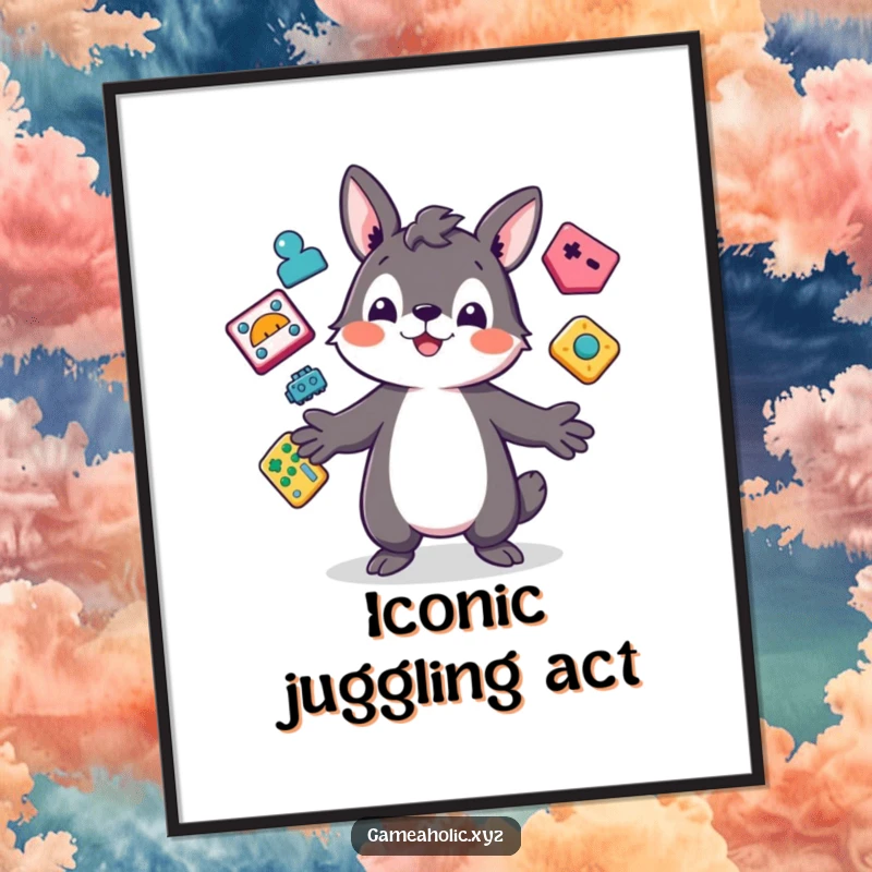 Funny Poster of a playful animal character skillfully juggling colorful, abstract game icons, adding a vibrant, energetic touch.