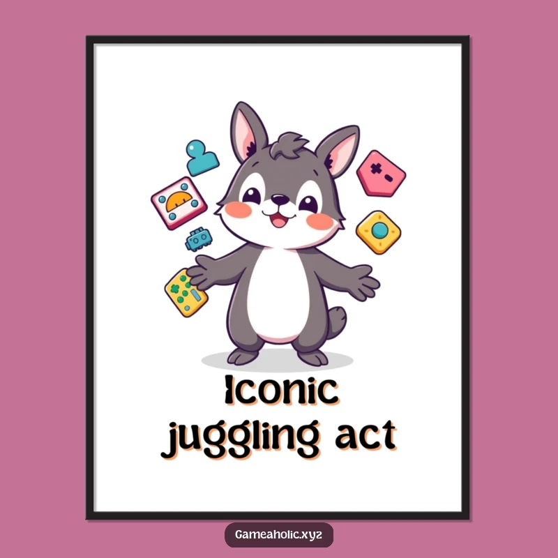 Funny Gaming Poster: Playful Animal Juggling Icons, Awesome Funny Gift Art