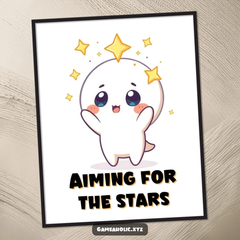 Funny poster showcasing a character with vibrant stars in its eyes, reaching intently towards a floating celestial icon, evoking wonder.