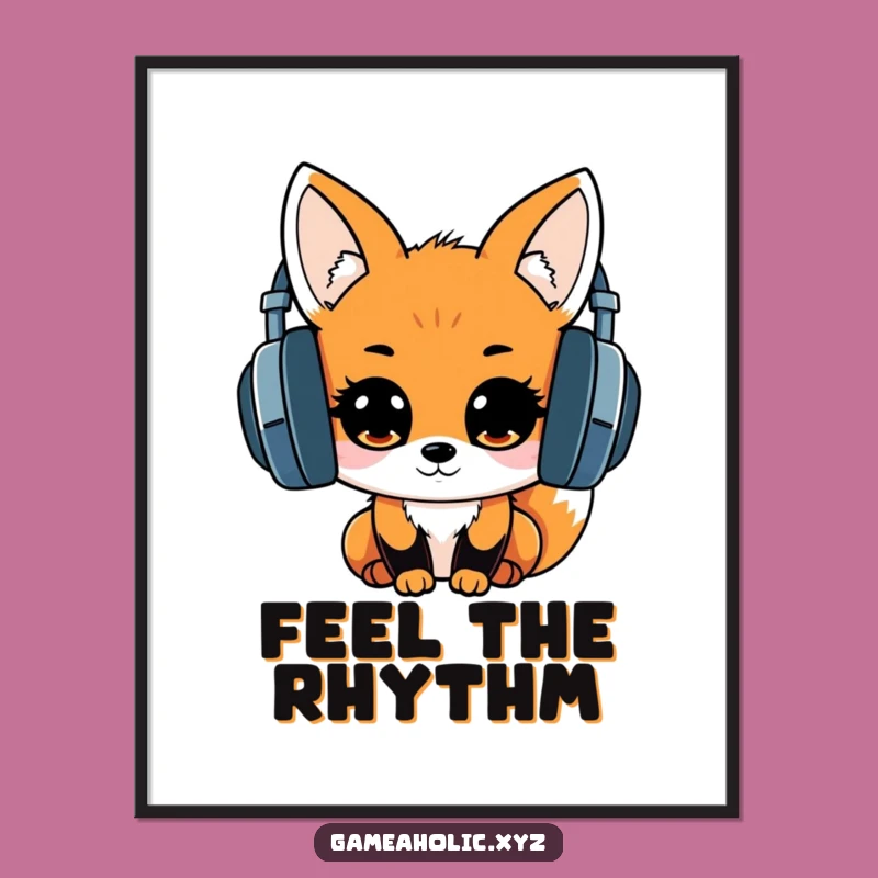 Kawaii Fox Headphones Poster: Exciting Music Fox Art for Vibrant Decor