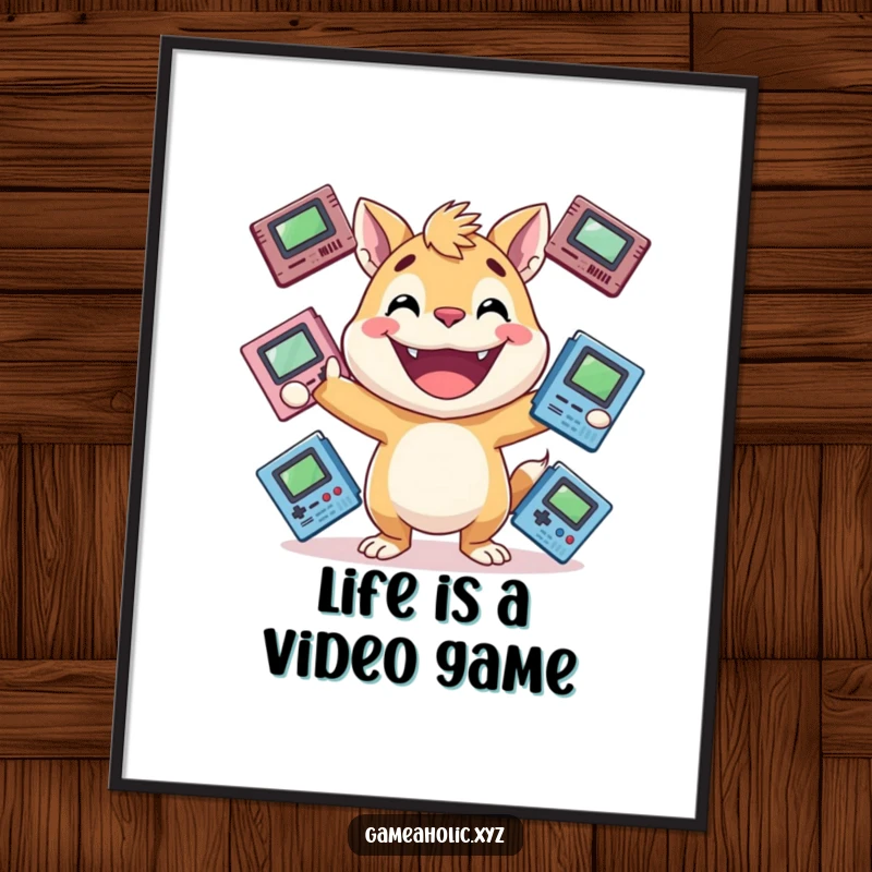 Funny gamer animal poster featuring an energetic animal with a huge grin, juggling game cartridges, a perfect funny gift.