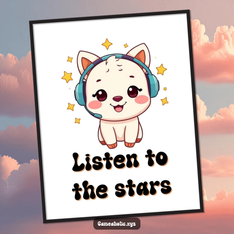 Funny poster of a cheerful animal character with a gaming headset, surrounded by swirling, glowing stars.