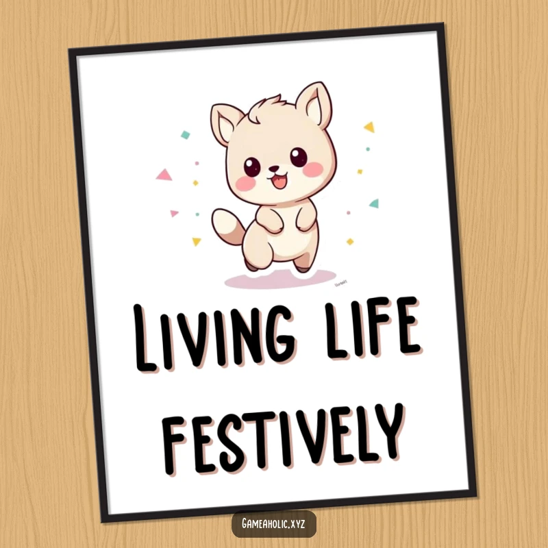 Funny playful animal character with a trail of confetti, depicted as vibrant wall art for pure joy.