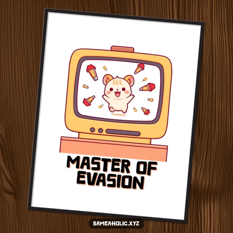 Funny small animal character poster, showing a character gleefully dodging falling projectiles on a digital screen.