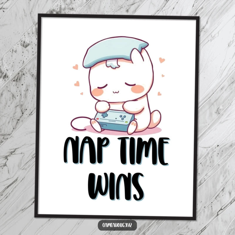 Funny poster art of a sleepy creature with a pillow for a head, intensely playing a video game, a gamer's dream.