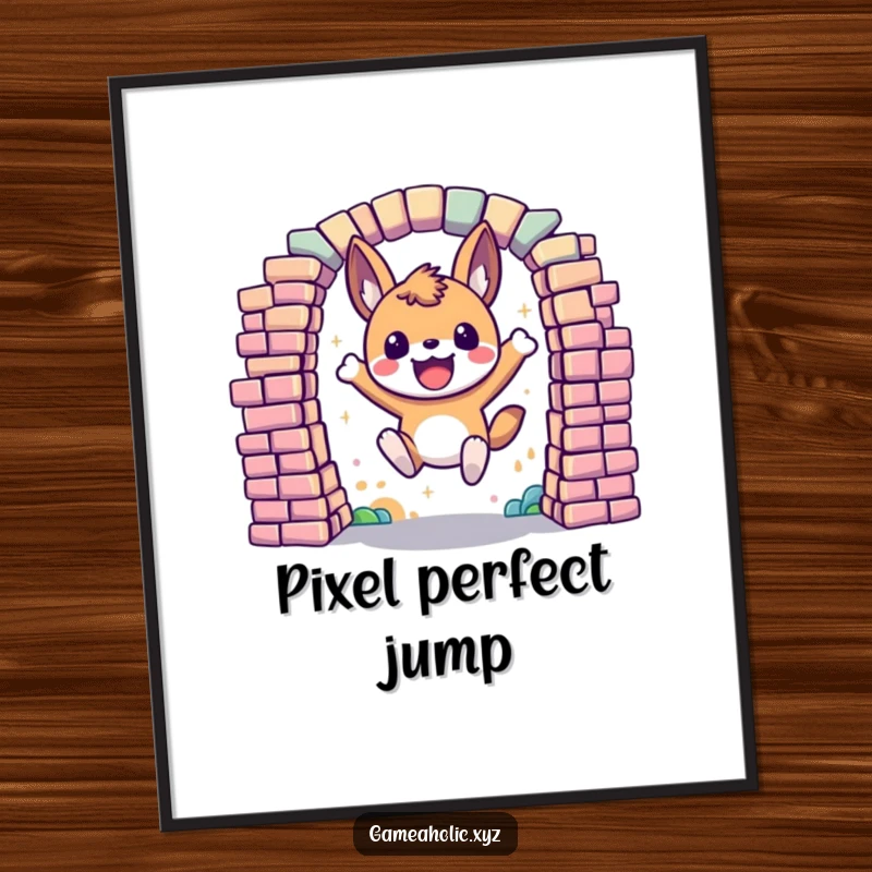 Funny Poster of an excited animal character leaping dynamically through a portal made of vibrant, colorful pixels, ready for action.