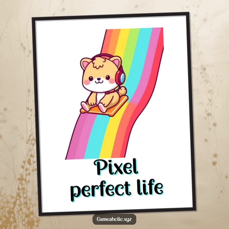 Funny poster print of a cheerful animal with a headset, sliding down a rainbow pixelated slide, for wall art.