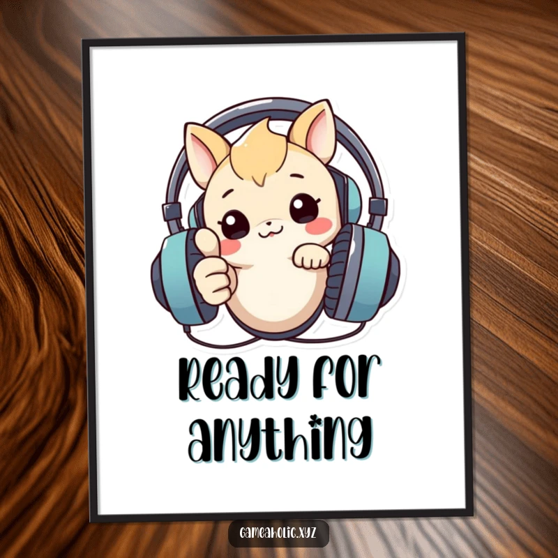 Funny poster of a creature peeking over a large headset, giving a big thumbs up, symbolizing approval and tech enjoyment.