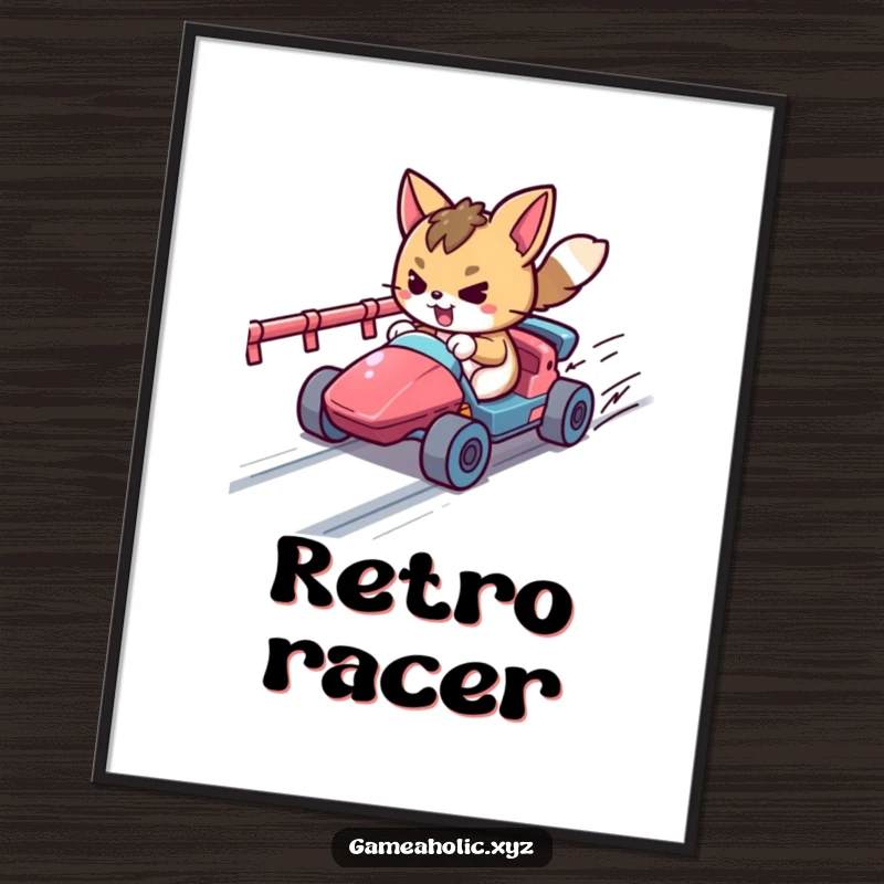 Funny determined animal character racing a tiny vehicle on a pixelated track, a vibrant and humorous gaming poster.