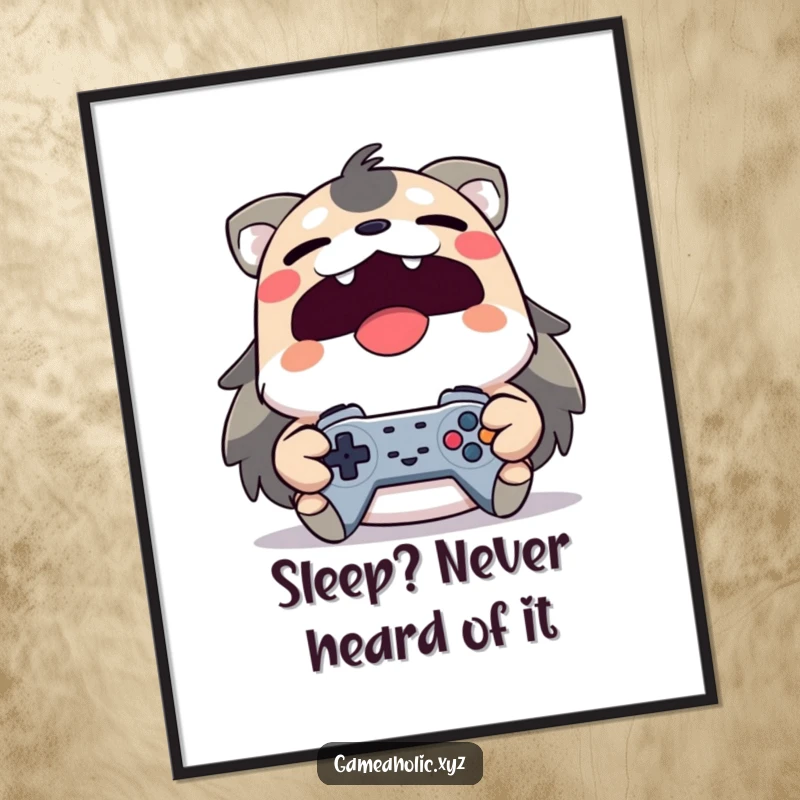 Funny yawning animal character tightly gripping a game controller on a poster, representing player dedication.