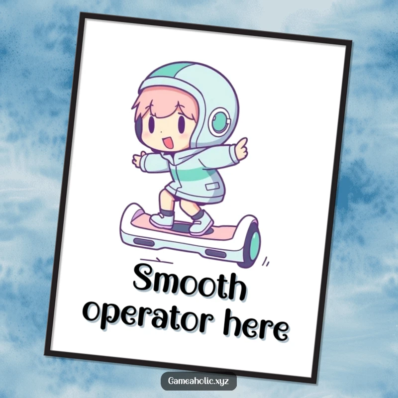 Funny poster art of a character zipping on a hoverboard, capturing a sense of motion and playful excitement.