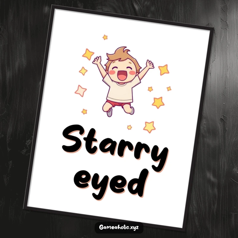 Funny Poster: Character leaping with pure joy, surrounded by pixelated stars, capturing the thrill of victory.