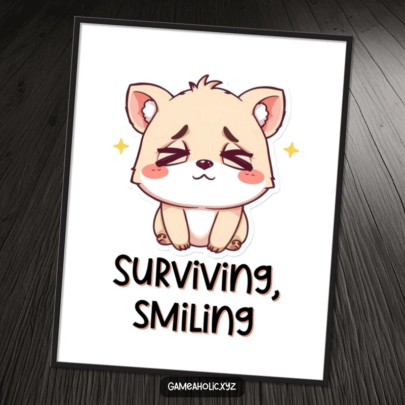 Funny poster featuring a small animal with hilariously crossed optics and a warm, exhausted smile, perfect for quirky decor.