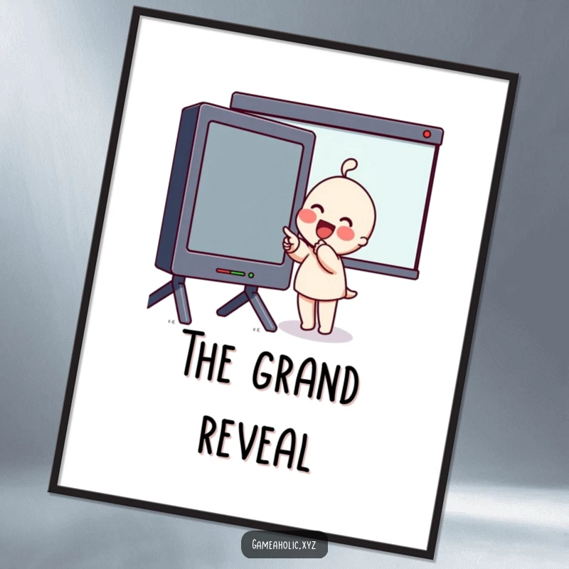 Funny Poster of an excited character with flushed cheeks pointing at an enormous screen, symbolizing shared wonder and discovery.