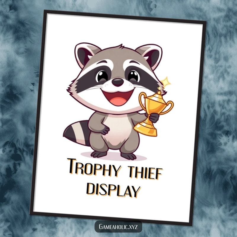 Funny raccoon with a massive grin holding a shiny trophy, wall art print, humorous prize decor.