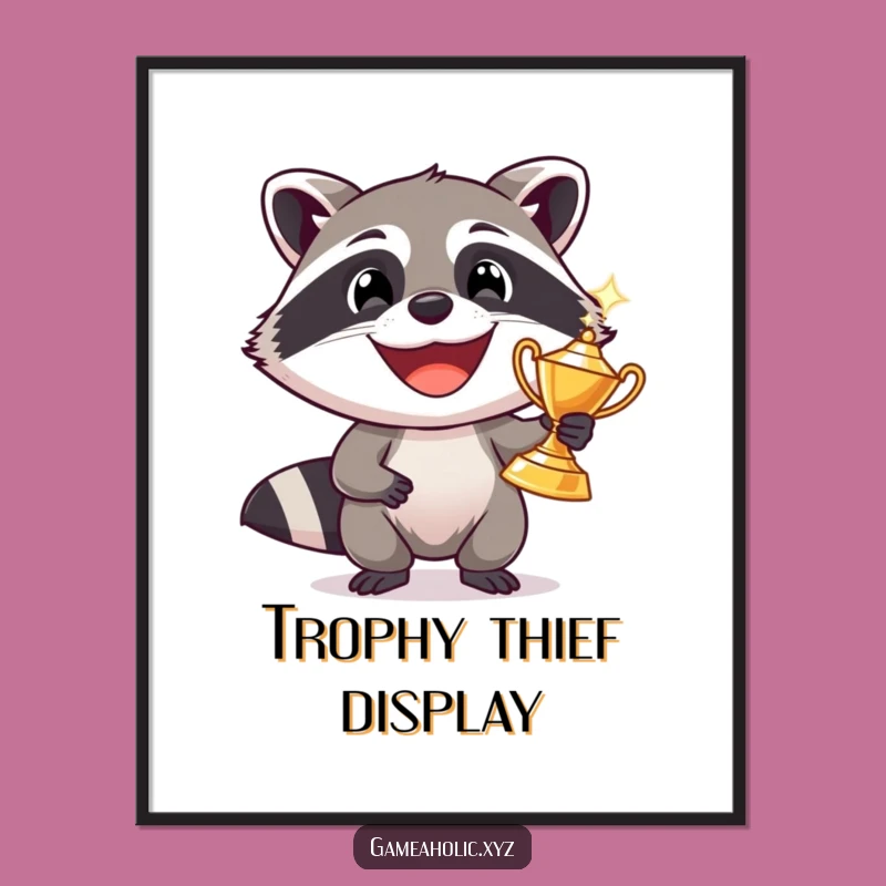 Funny Raccoon Trophy Poster: Grinning Bandit Art Print, Hilarious Wall Decor