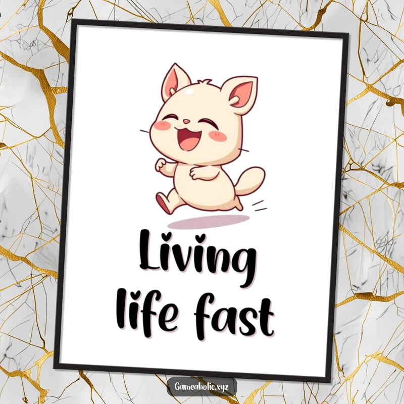 Funny poster capturing a small creature in peak action, laughing joyfully as it plays at an incredibly fast speed, full of motion.