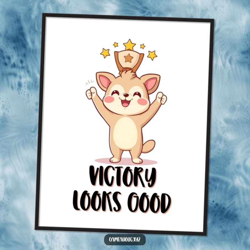 Funny Poster showing an animal character triumphantly raising a digital award with a big smile, ideal for wall decor.