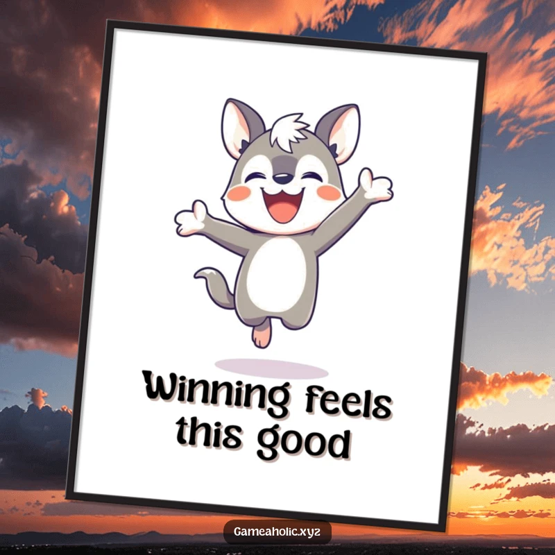 Funny poster showing a determined animal character mid-jump, celebrating a game win with an infectious grin.