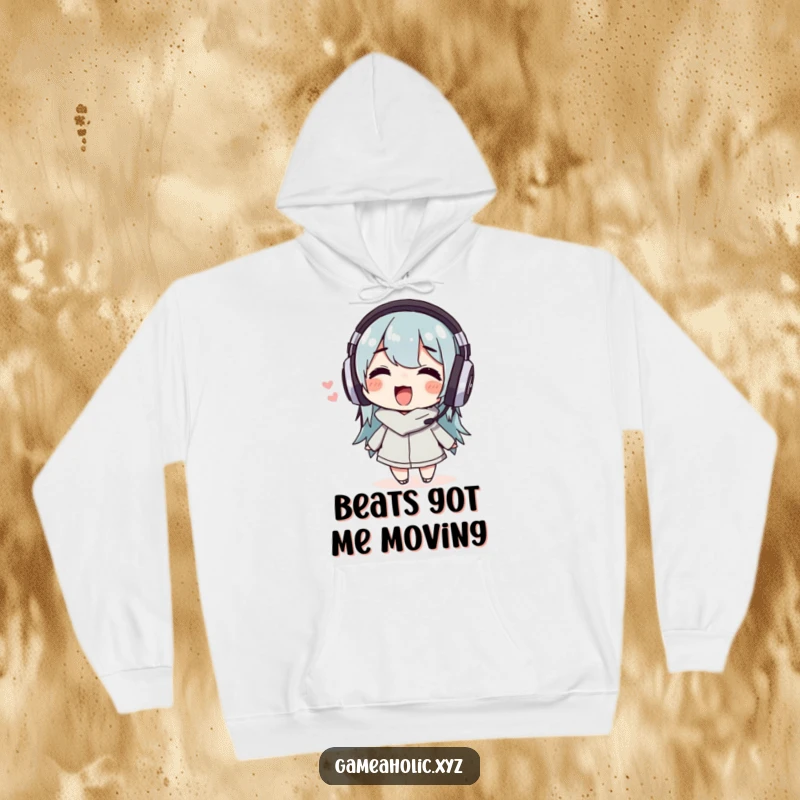 Funny Hoodie with a delighted character wearing headphones, wiggling to music, perfect for cozy listening sessions.