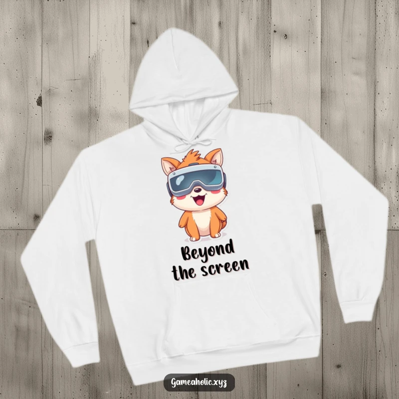 Funny happy animal wearing oversized virtual reality goggles, bringing virtual fun to this cozy hoodie.