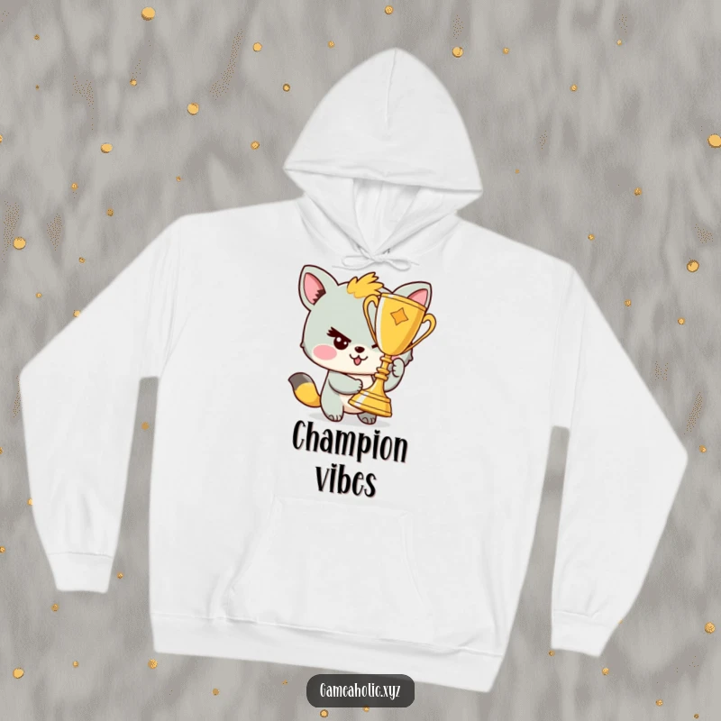Funny hoodie depicting a sly animal giving a wink while proudly displaying a champion trophy, perfect for cozy wins.