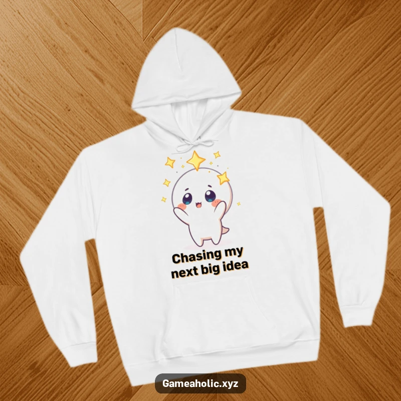 Funny hoodie showing a character with sparkling eyes, reaching out towards a distant floating icon, embodying pure longing and ambition.