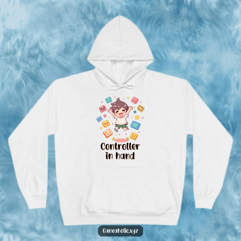 Funny Hoodie showing a character gleefully jumping, surrounded by a constellation of game icons, perfect for cozy gaming sessions.