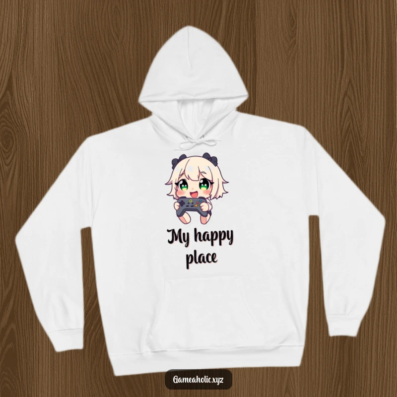 Funny hoodie depicting a character with oversized eyes, laughing heartily while holding a game controller, symbolizing ultimate gaming fun.