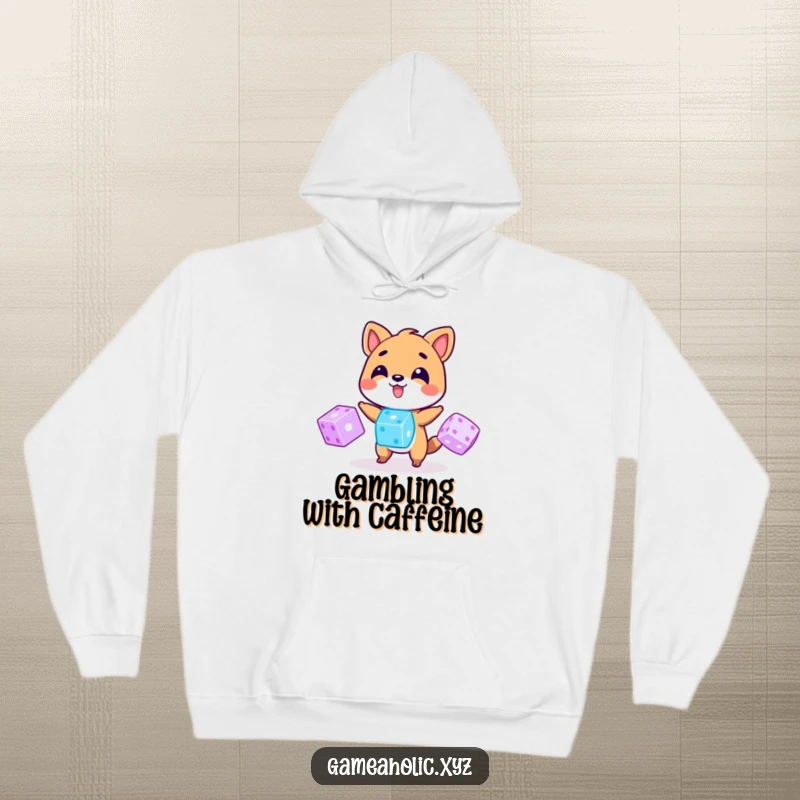 Funny Hoodie: A charming animal character juggles three vividly glowing digital dice, perfect for comfort and a touch of chance.