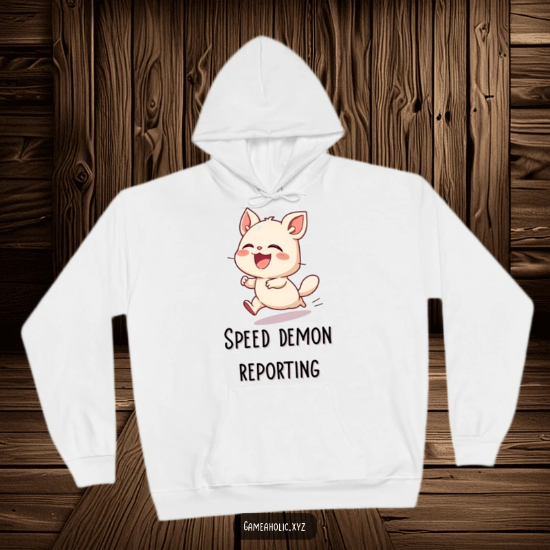 Funny hoodie showcasing a small creature in a blur of motion, laughing with pure delight as it plays at a high speed.