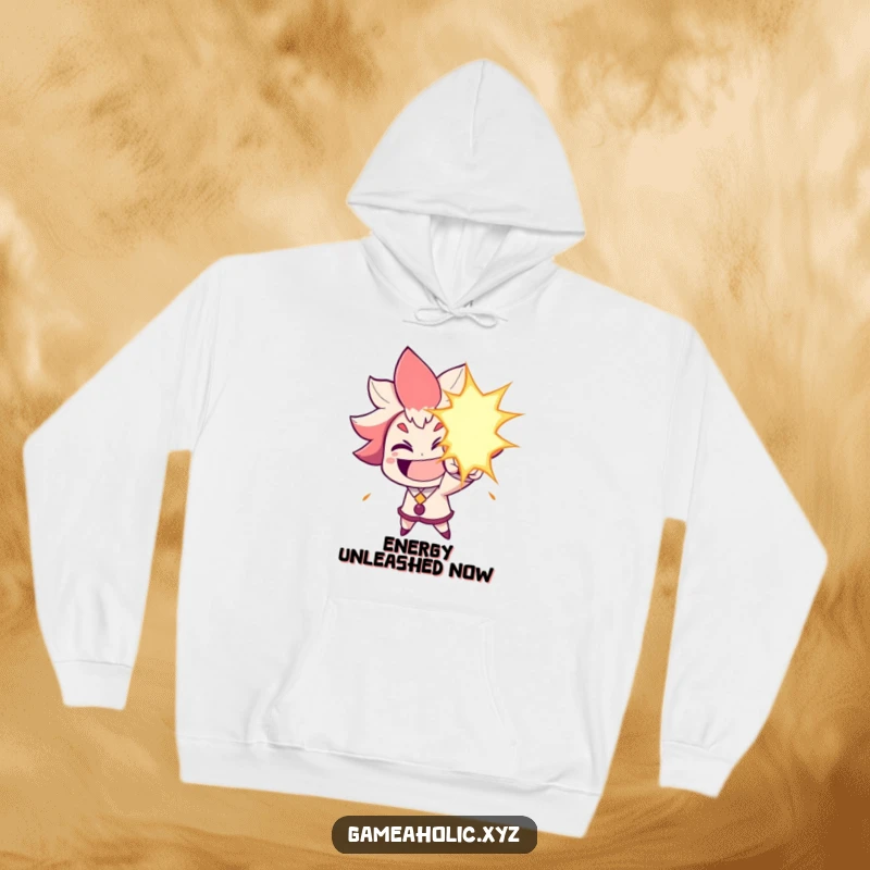 Funny Hoodie: Character grins widely, aiming a humorous energy blast, offering warmth and comedic style.