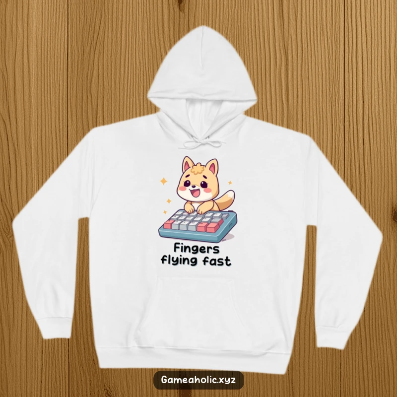 Funny Hoodie: An energetic animal smiles, typing rapidly on an oversized keyboard with joy.